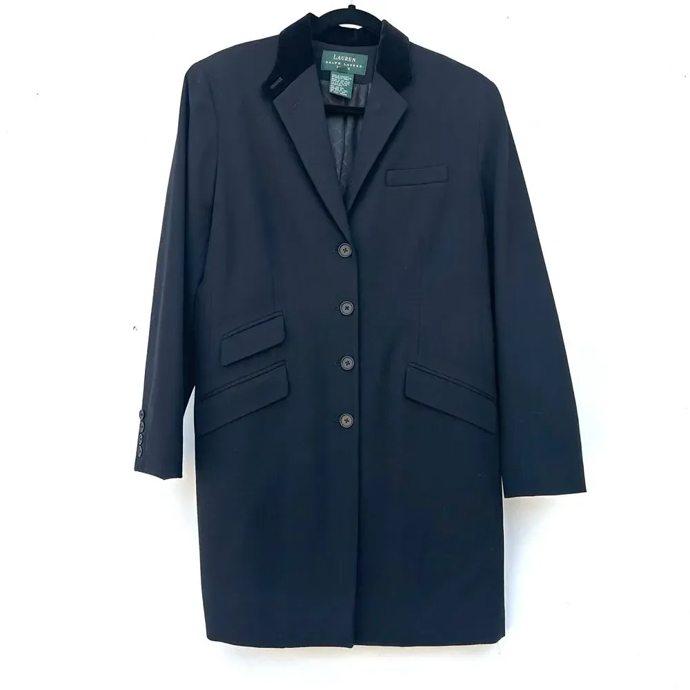 Vintage Ralph Lauren Wool Long Blazer Coat Black Jacket 8 Petite Velvet - Picture 2 of 9